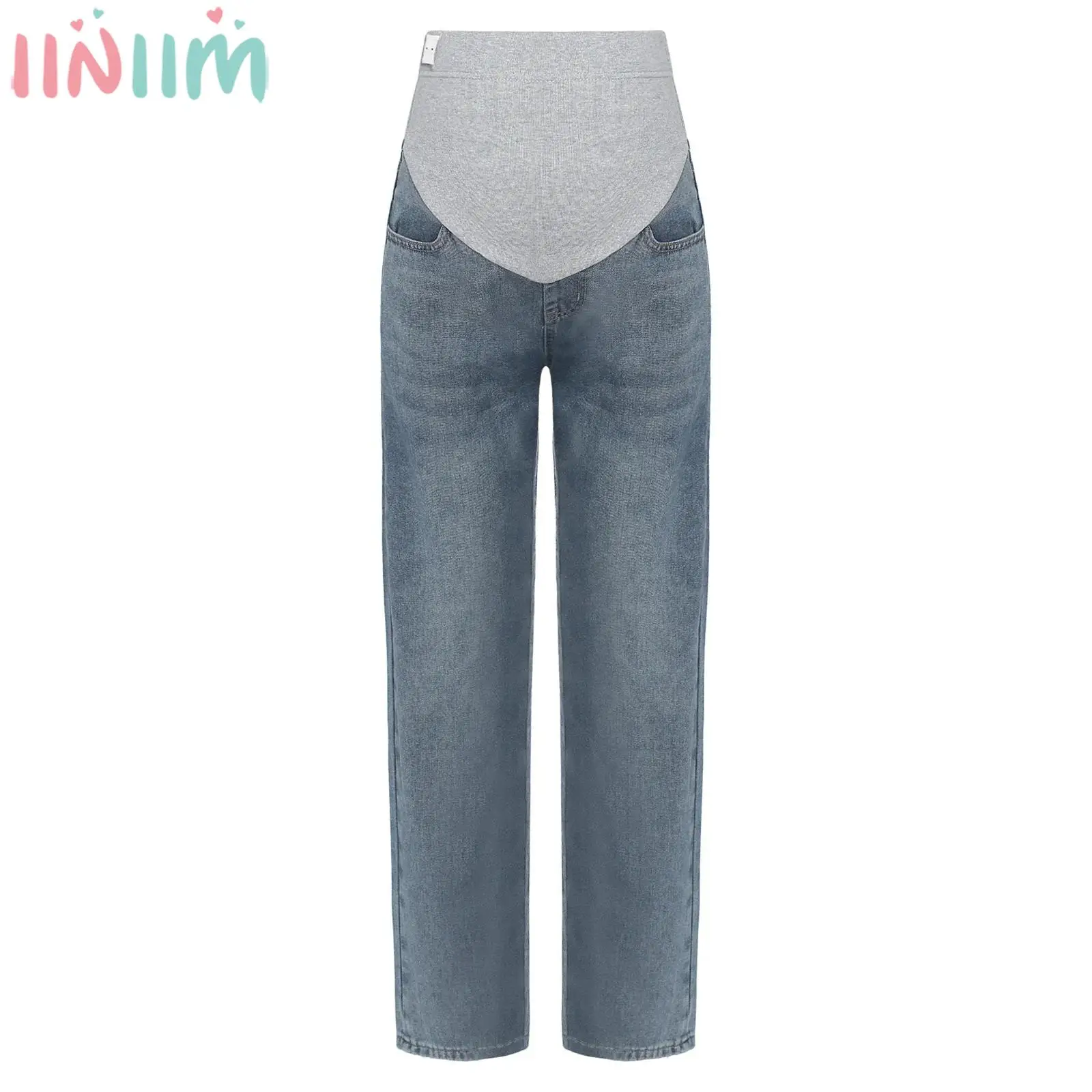 

Pregnant Women High Waist Belly Support Jeans Fashion Casual Wide-Leg Loose Adjustable Denim Pants for Daily Party Work Wear