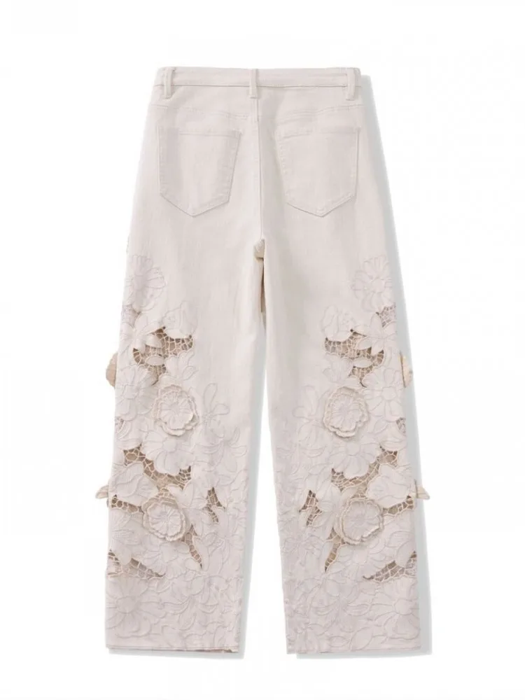 Designer Women Fashion Spring Summer Embroidery Flowers Jeans Hollow Out High Waist Denim Pants Casual Ankle Length Trousers