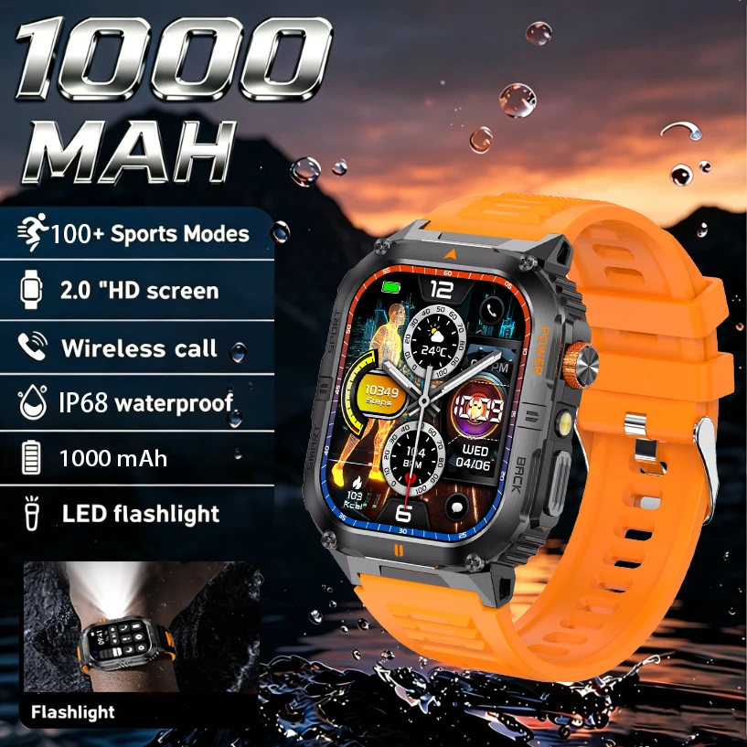 

2026 New 100+ Sports Modes Mens Rugged Smart Watch IP68 Waterproof Outdoor Fitness Tracker LED Flashlight Large 1000mAh Battery