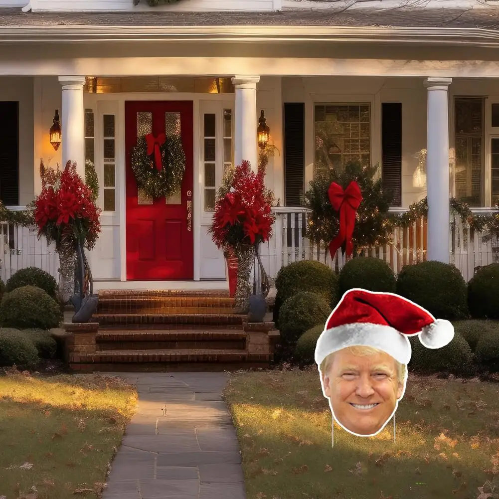 2025 Santa Hat Trump Sign Christmas Yard Sign with H Stake President Trump Head Outdoor Decor for Yard Lawn Garden