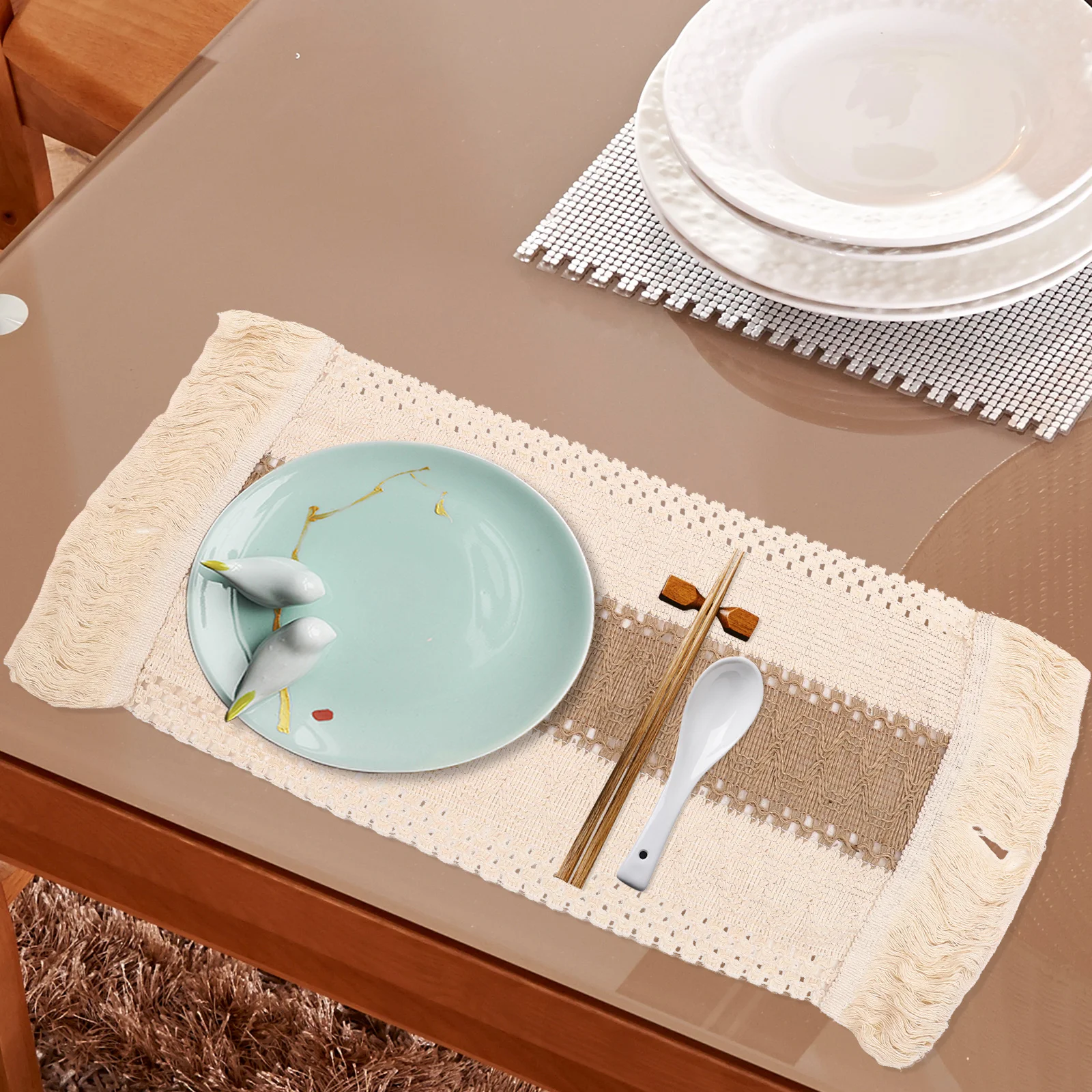 

2Pcs Rectangle Woven Placemat Thick Linen-Cotton Material Anti-Scalding Table Mat Home Dining Decoration