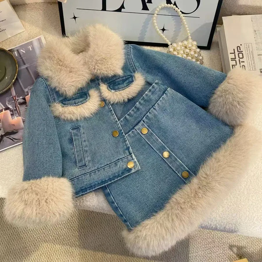 1-9 سنوات الخريف والشتاء الفتيات المخملية الدنيم مجموعة الطبعة الكورية الجديدة للأطفال معطف سميك مع القطن نصف تنورة قطعتين مجموعة