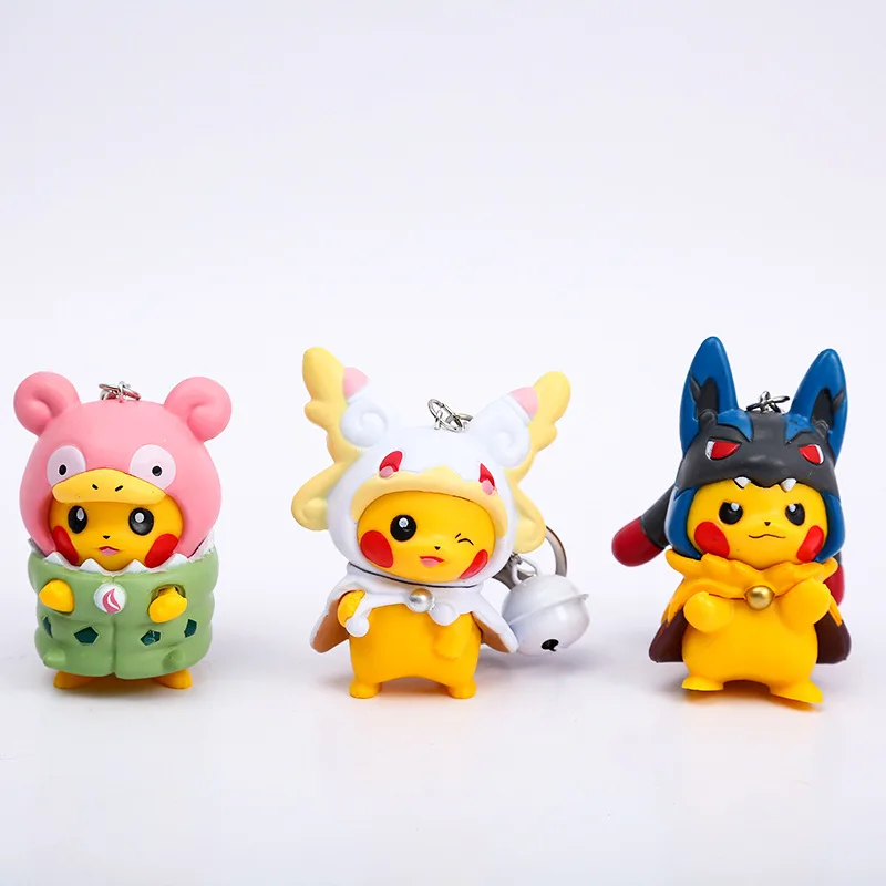 Pikachu gantungan kunci karakter kartun PVC, 7 buah/set gantungan kunci bel kecil 7.5cm