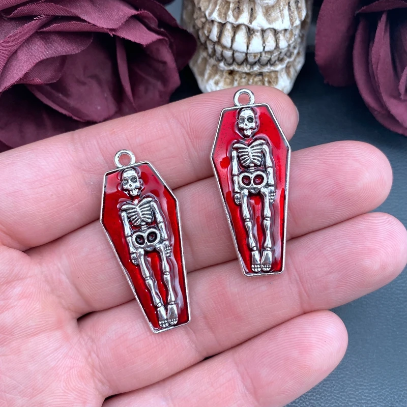 5pcs 41*18mm Gothic Skeleton Charm in Coffin,Blood Red Skeleton Charms Pendant Fit Halloween Jewelry Making DIY Jewelry Findings