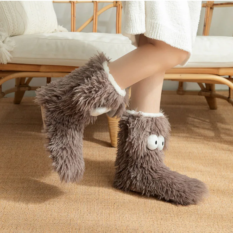 Women's Men Winter Kawaii Big Eyes Slipper Socks with Puppy Ears Cartoon Non-slip Floor Socks Warm Thickened Coral Stockings ﻿