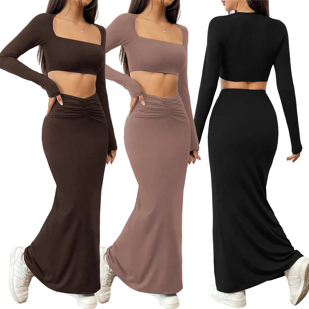 Women\'s Autumn and Winter New European and American Solid Color Casual Long-Sleeved Square Neck Navel Fashionable Long Skirt