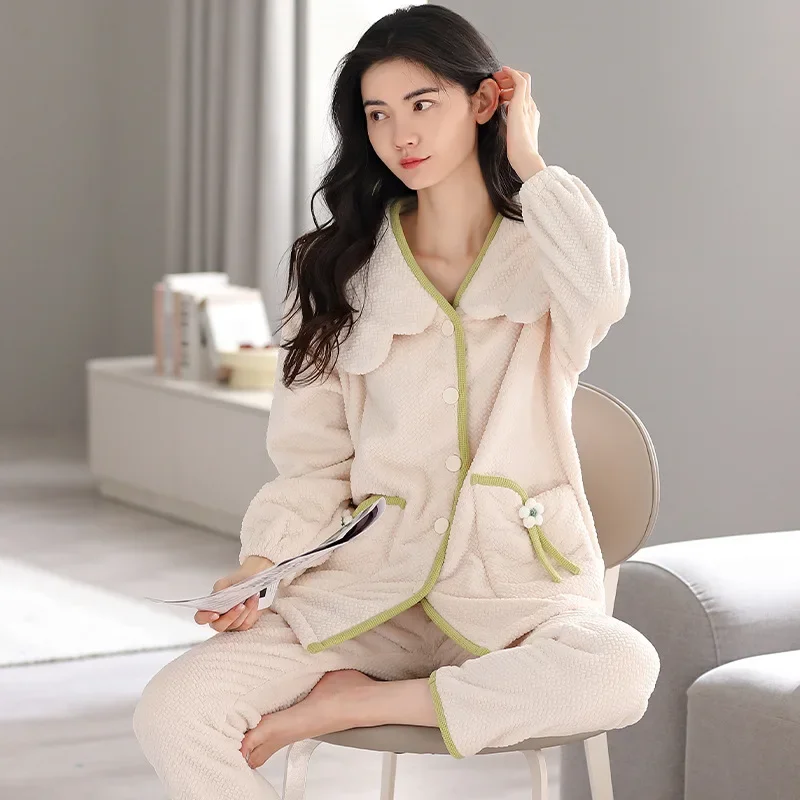 New Flannel Women Pajamas Set Spring and Autumn Leisure Can Be Worn Outside The Long-sleeved Long Pants Sleepwear Homewear Suit