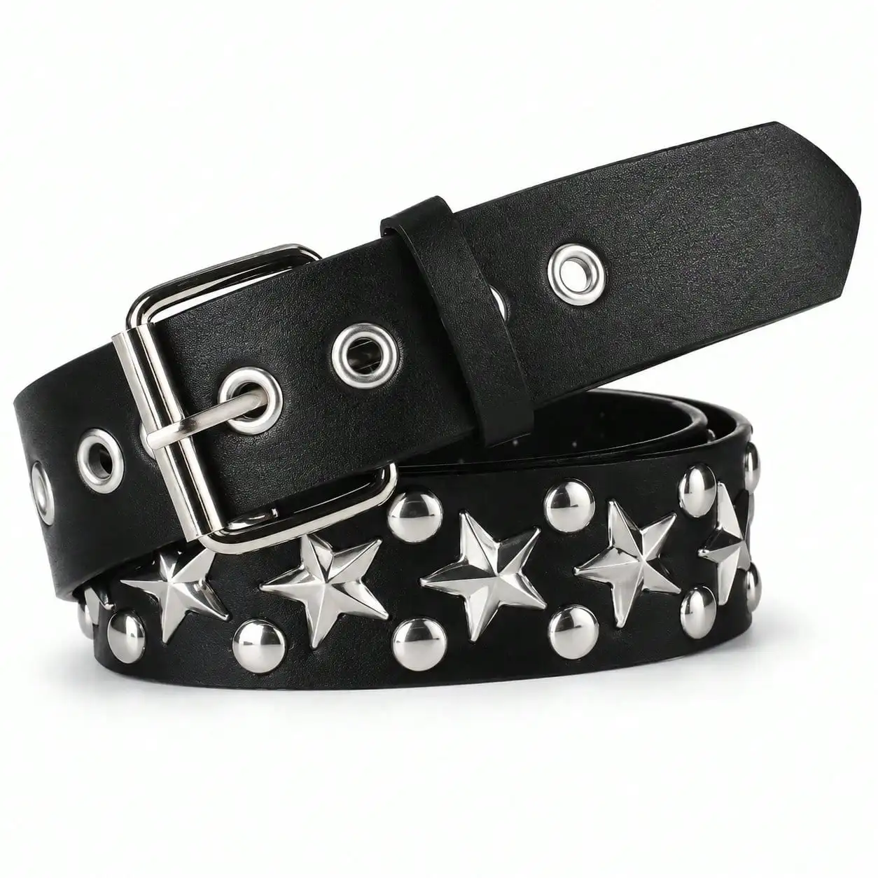 Y2K Punk Star Rivet Belt, Silver Five Point Star Buckle Gothic Hip Hop Waistband,Unisex Accessory for All-match Daily Streetwear