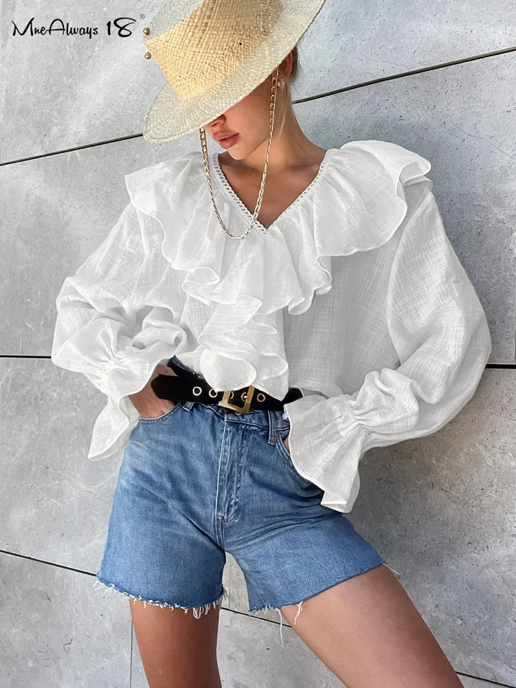 Mnealways18 Drop Shoulder Lace Cotton Linen Shirts Women White V-Neck Laminated Flounces Loose Blouses And Tops Vacation Ladies