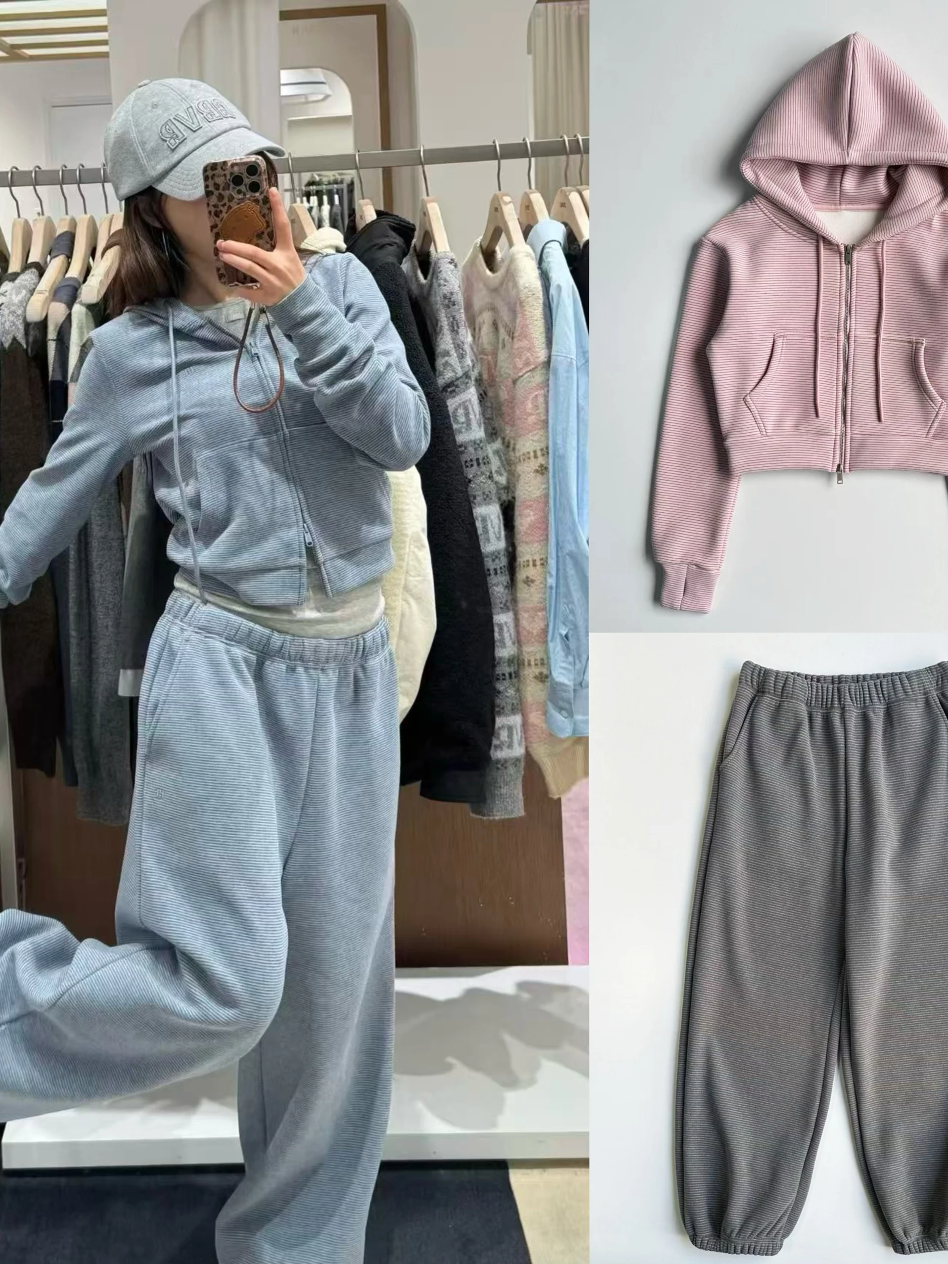 

Комплект: толстовка на молнии с капюшоном на флисовой подкладке и брюки с завязками, полосатый женский весенний комплект верхней одежды, длинные брюки