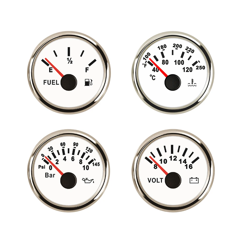 Universal 4 Gauge Set 52mm Water Temp Oil Pressure Fuel Level Meter Voltmeter with Red Backlight for Car Boat Yacht 12V