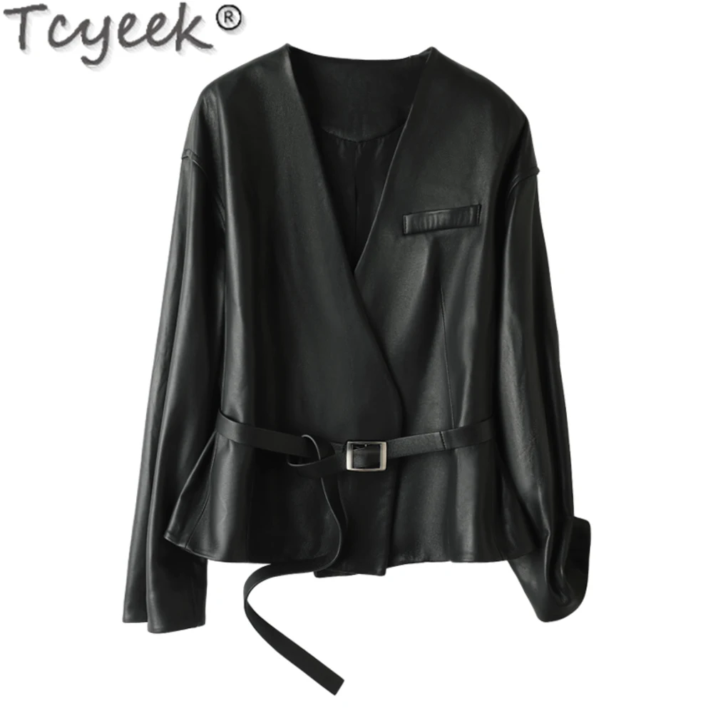 Tcyeek-chaquetas de piel auténtica para mujer, abrigo con cinturón, capa superior de piel de oveja, para primavera y otoño, novedad de 2024