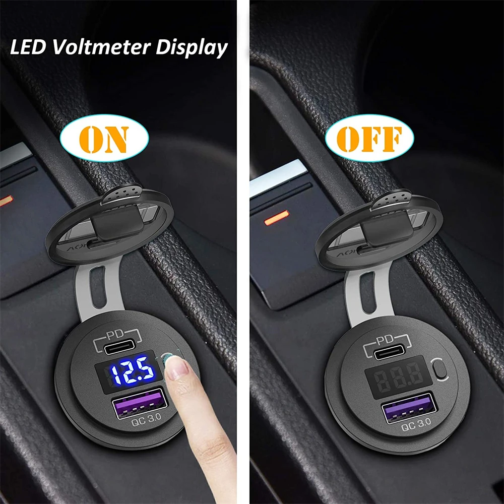 ABS 48W USB Type C Car Usb Charger Socket PD3.0&QC3.0 Car Socket With LED Voltmeter And ON/Off Switch Fast C