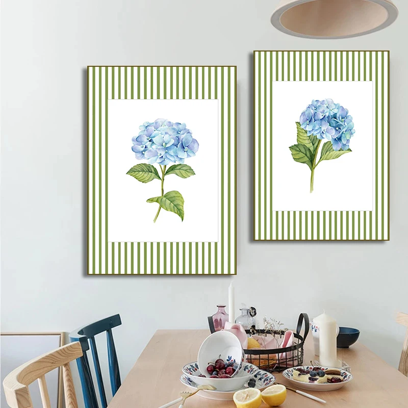 1pc frameless Canvas Painting Blue Striped White Hydrangea Poster Print Chinoiserie Botanical Art Canvas Painting for Living Roo