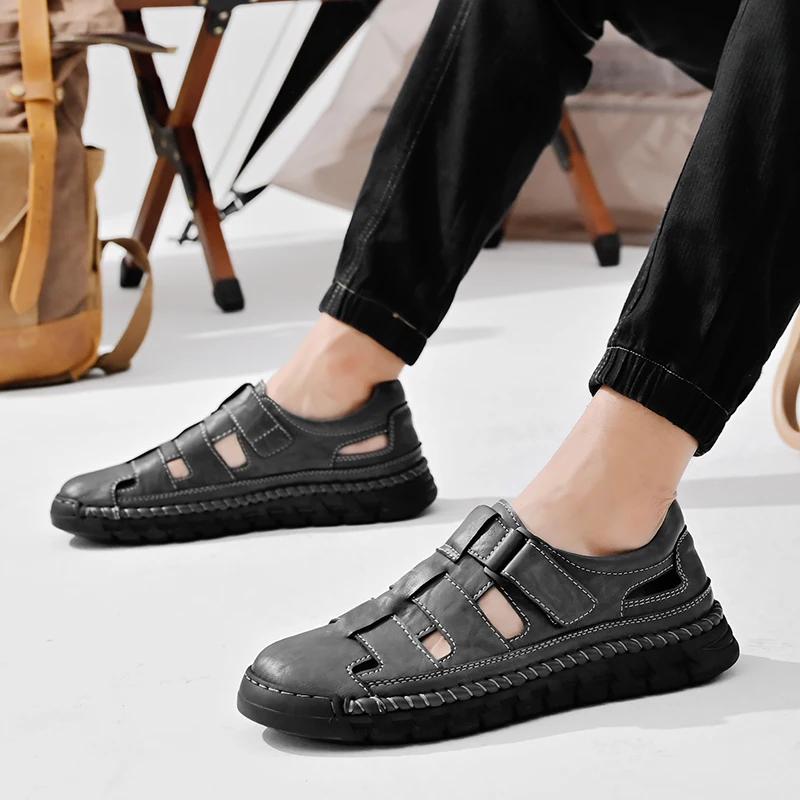 Summer Fashion New Handmade Casual Sandals 2024 Hand Sewn Classic Style Black/Grey Outdoor Men's Breathable Cool Leather Shoes