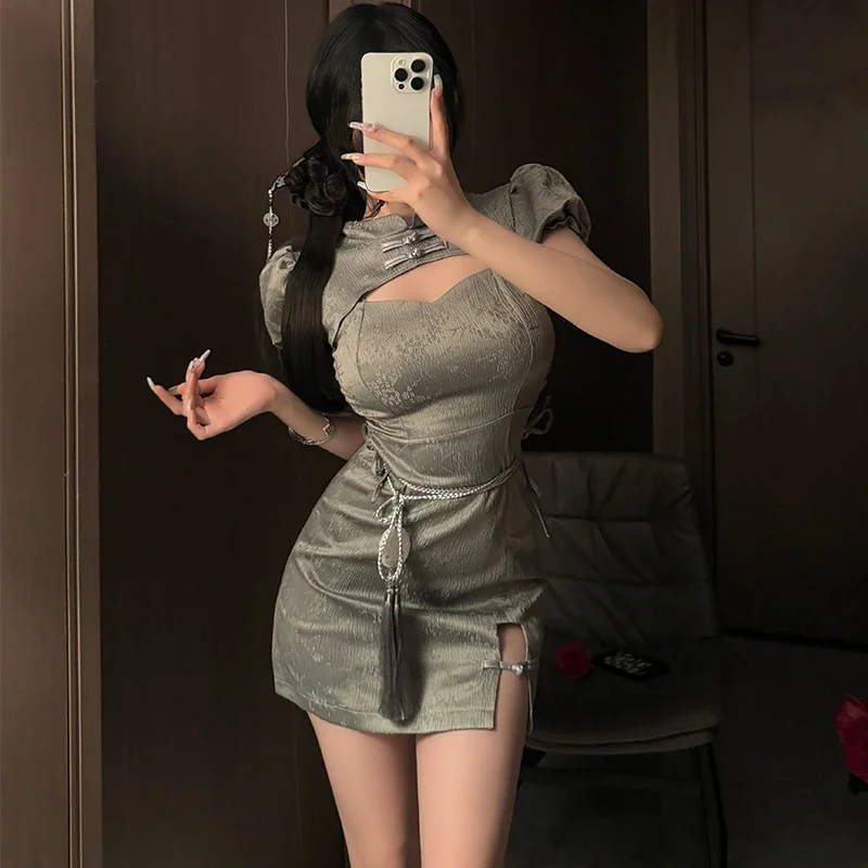 Chinese Dress Cheongsams Women Sexy Lingerie Temptation Clothing China Style Side Slit Hollow Qipao Uniform Nightclub Costumes