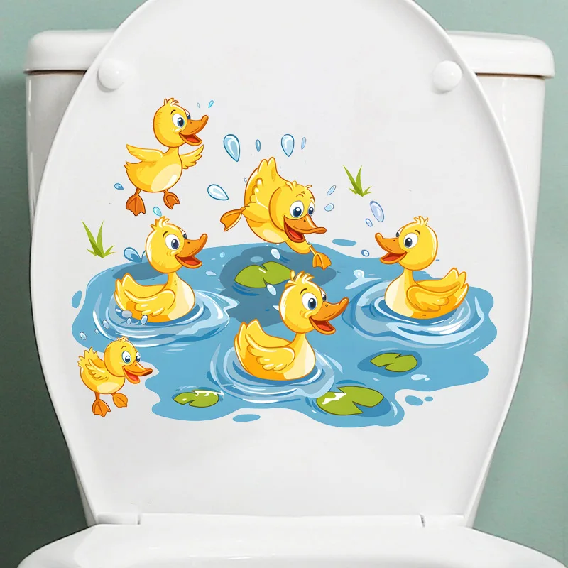 Cartoon Duck Playing  Water Toilet Sticker, Bathroom Landscaping Yellow Duck  Wall Sticker Self-adhesive PVC