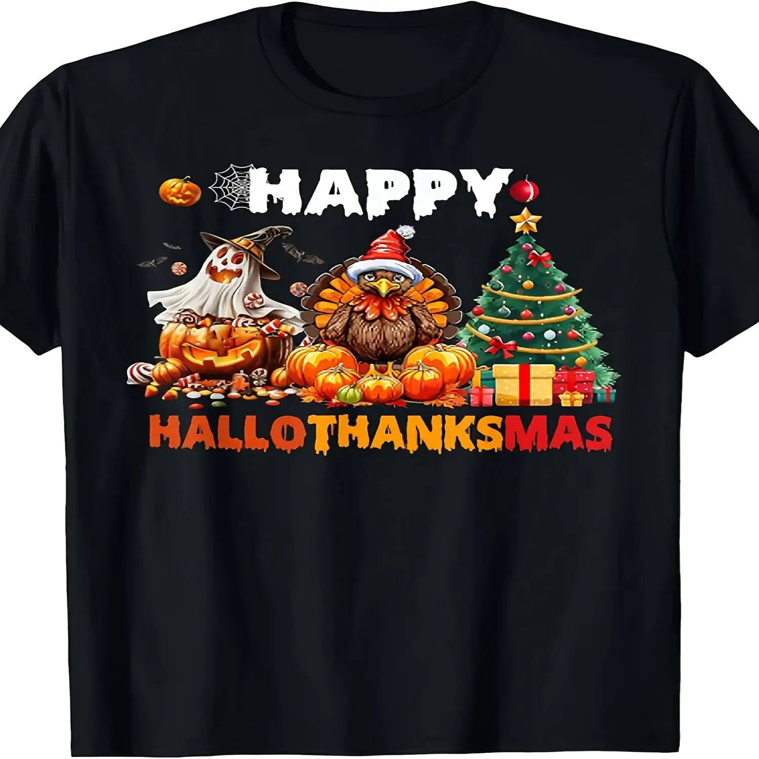 Men'S Women'S Funny Hallothanksmas T-Shirt - Family Matching Holiday Shirt for Christmas, Halloween Thanksgiving Parties - Short Sleeve Tee with Spooky Turkey Design - Regular Fit Casual, Funny Cotton Tee, Gift For Him