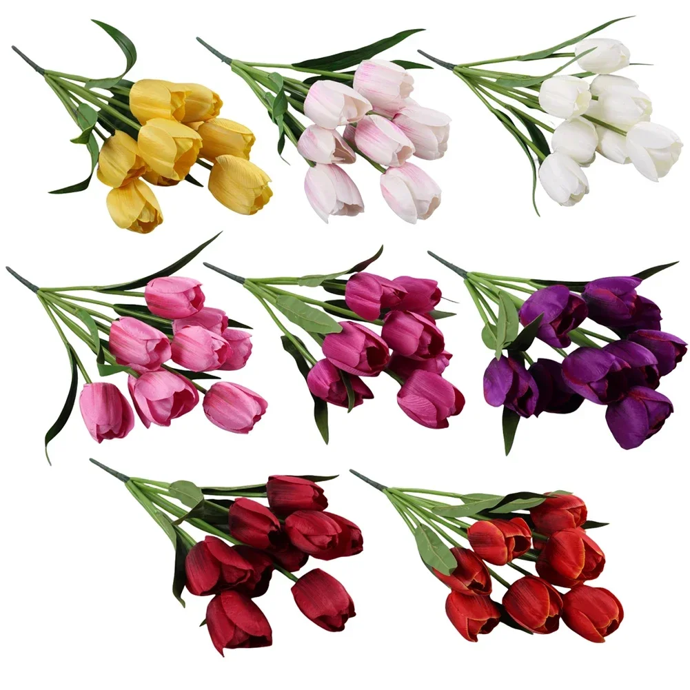 1pcs 9 Heads Artificial Flowers Fake Tulips Light Soft Plastic Plants For Wedding Bridal Bouquets Home Party Decoration