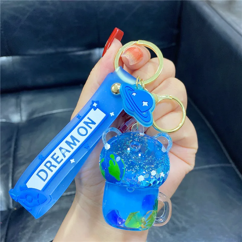 Cute Luminous Blue Earth Ferris Wheel Drift Bottle Keychain Floating Ice Lozenge Sequin Liquid Quicksand Teacup Bear Keyring