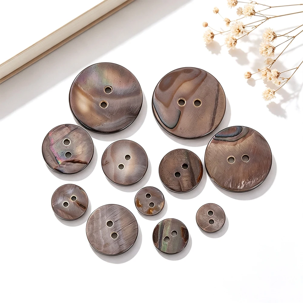 10pcs Natural Black Shell Buttons Many Sizes 2‑Hole Round Abalone Shell Fastener Vintage Decor Buttons for Clothing Sewing Craft