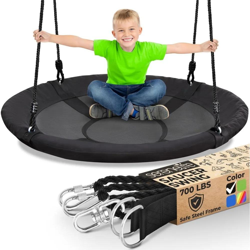 40" Outdoor Tree Swing with Adjustable Ropes and Center Swivel for Kids, Black