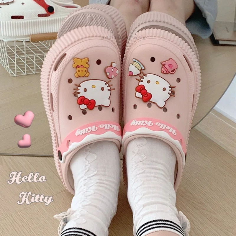 Sanrio Hello Kitty Cinnamoroll Melody Kuromi Cute Cartoon EVA Hole Shoes Y2k Women Casual Sandals Thick Sole Bathroom Slippers