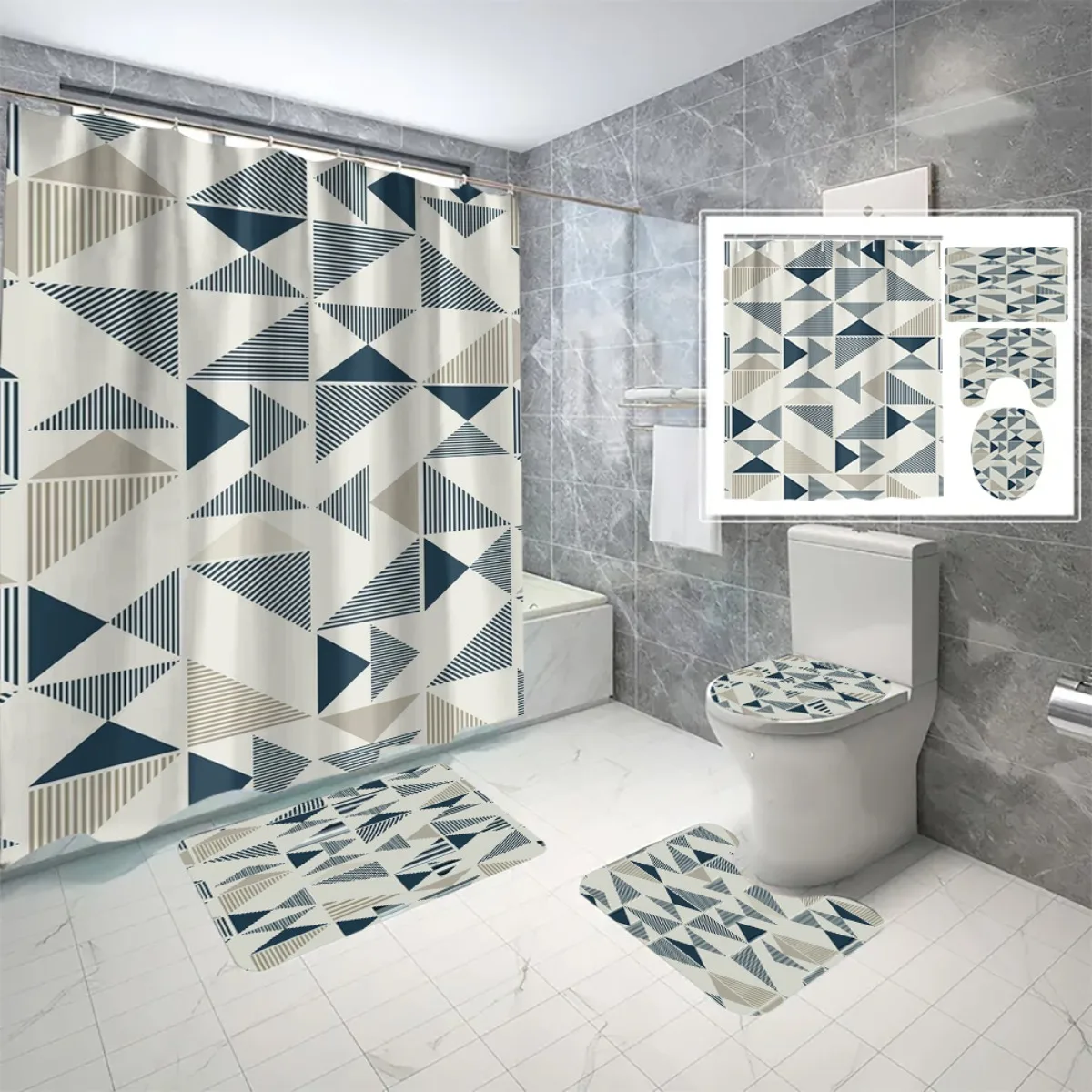 

4pc Geometric triangle pattern bathroom set, shower curtain with hooks, U-shaped mat, non-slip mat, toilet seat cover.