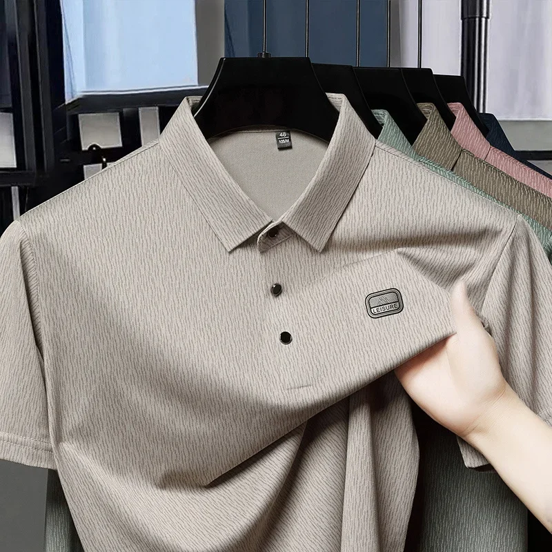 Mens Short Sleeve Vertical Stripe Polo Shirts Casual Lightweight Breathable Tops with Logo Badge for Men