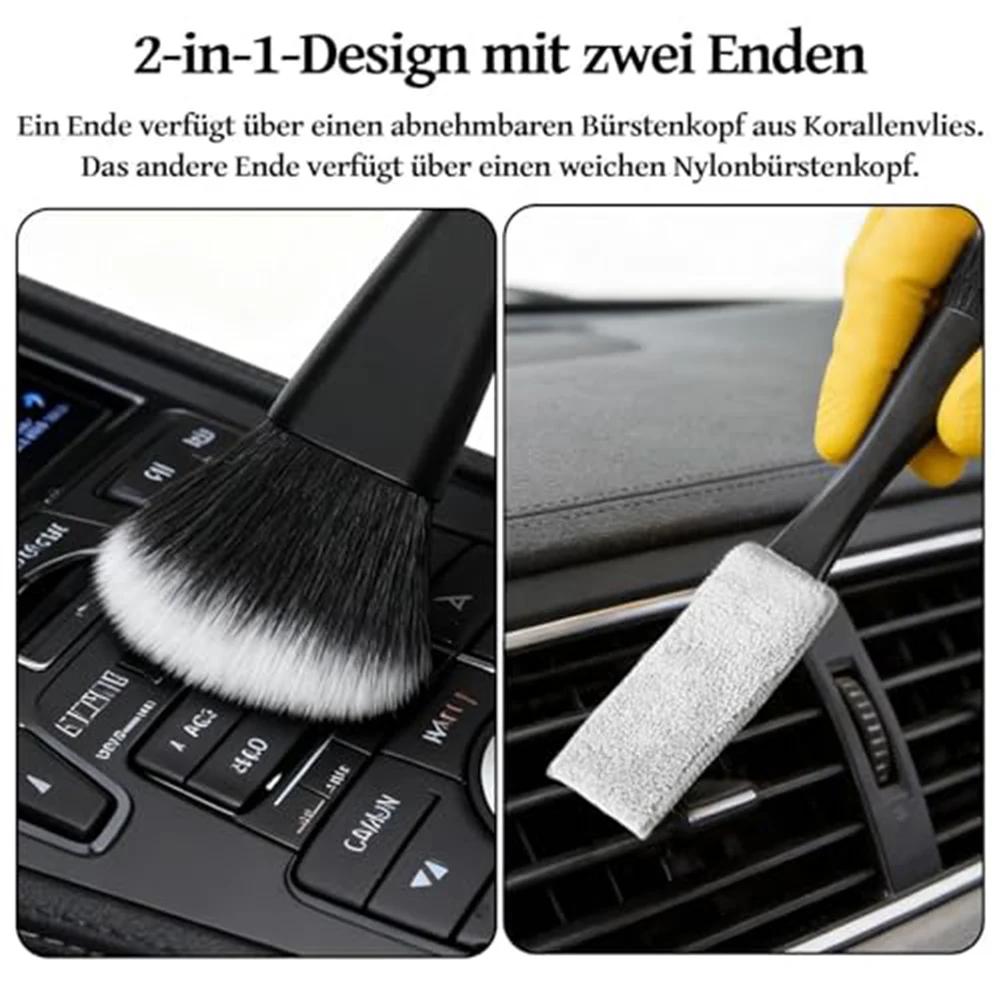 ABS Handle 2 in 1 Car Cleaning Brush 22 cm Long with Replaceable Coral Fleece and Soft Bristle Heads for Detailing