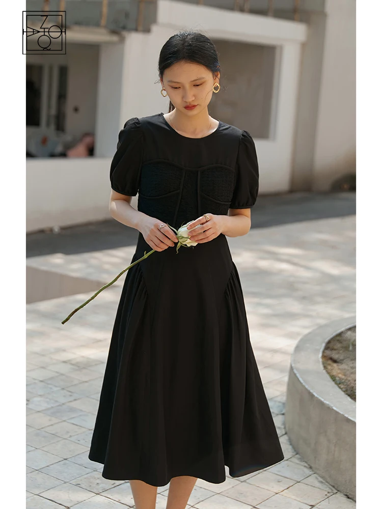 ZIQIAO Japanese 2022 Summer Texture Embroidered Polo Dress Woman Short Sleeve Black Casual Mid-length Straight Dresses Female