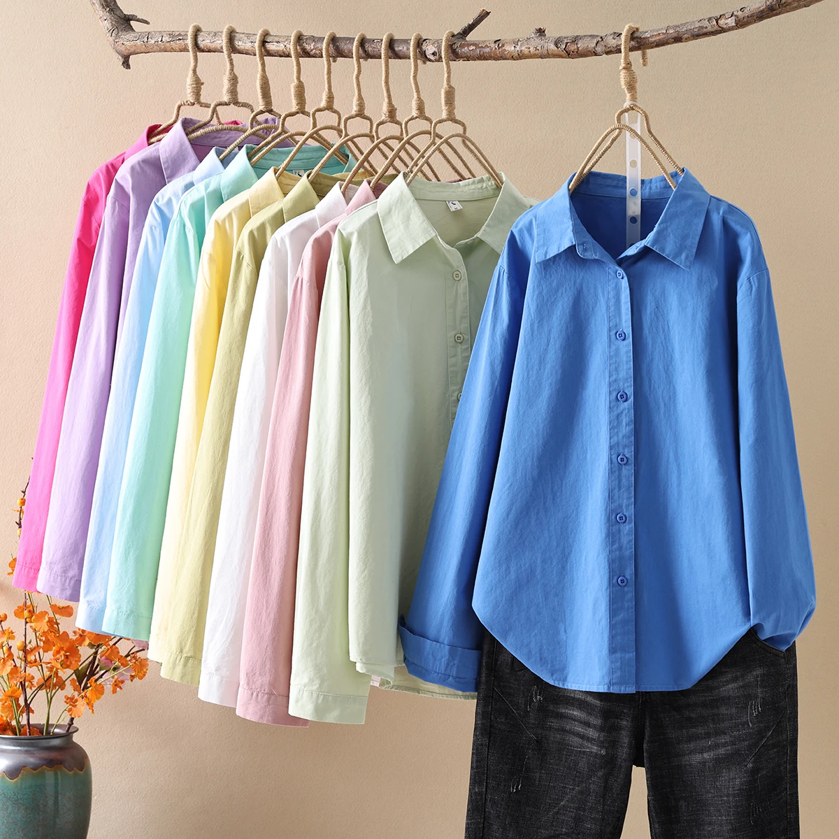 Chemise ample en coton décontractée pour femmes, chemisiers et hauts simples à manches longues, couleur unie, vêtements fins pour dames, nouvelle collection printemps-automne 2025