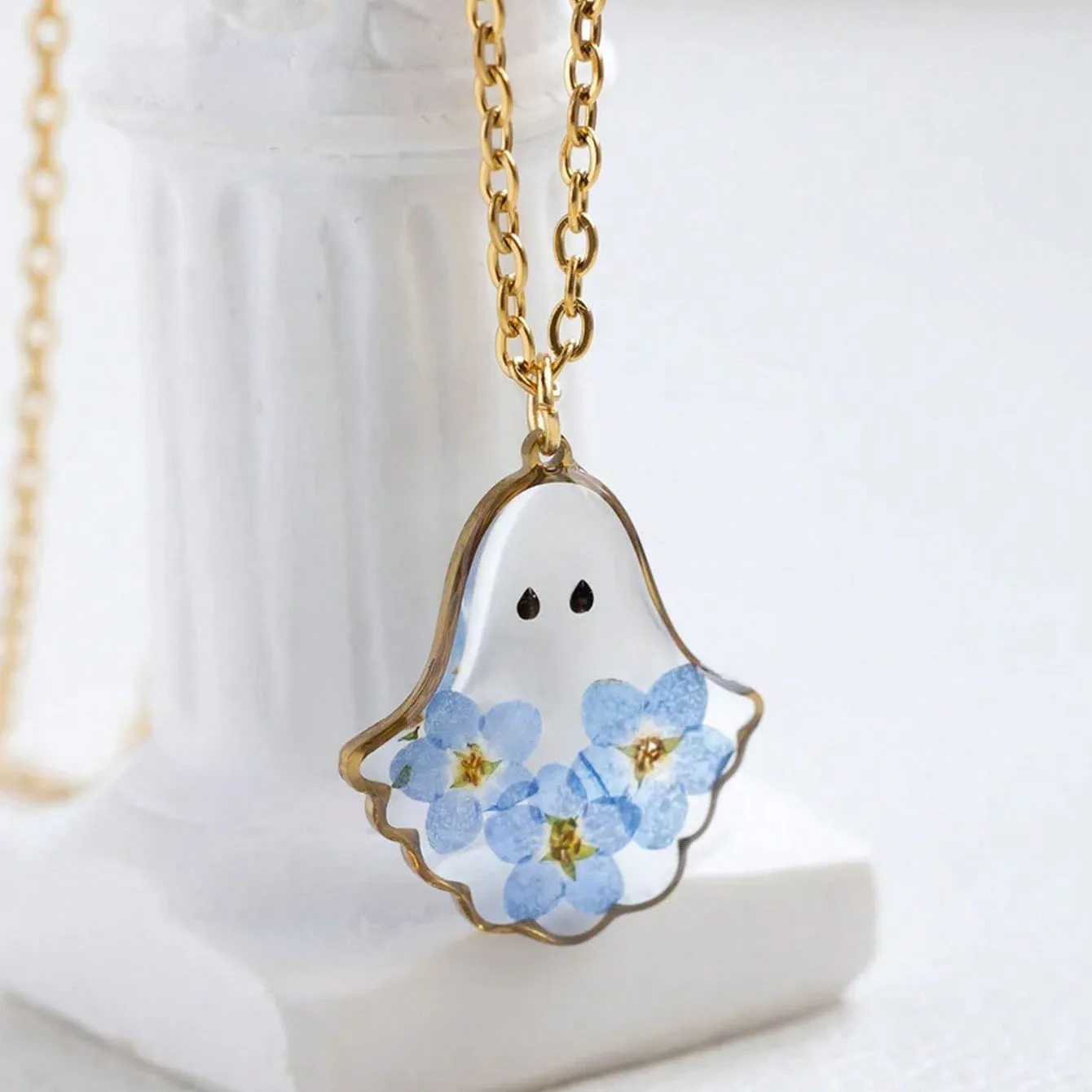 Cute Ghost Pendant Blue Forget Me Not Dry Flower Epoxy Resin Handmade Necklace Women Halloween Fashion Exquisite Gift