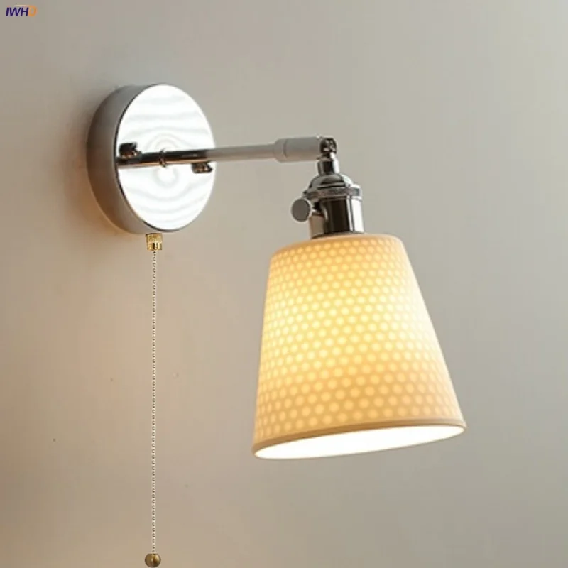 IWHD Up Down Rotate LED Wall Light Fixture Bedroom Bedside Lamp Sconce White Ceramic Modern Style Pull Chain Switch Wall Lights