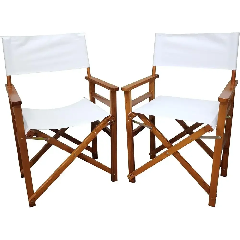 Pair Set - Vintage Wooden Folding Chairs, Outdoor Canvas Seating for Balcony, Courtyard, Fishing, Camping (White)