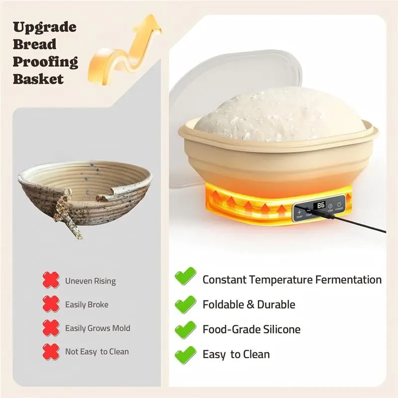 ABSJ-Kit per lievitazione naturale con cestello per lievitazione del pane Banneton pieghevole quadrato in silicone termostatico elettrico da 2 litri