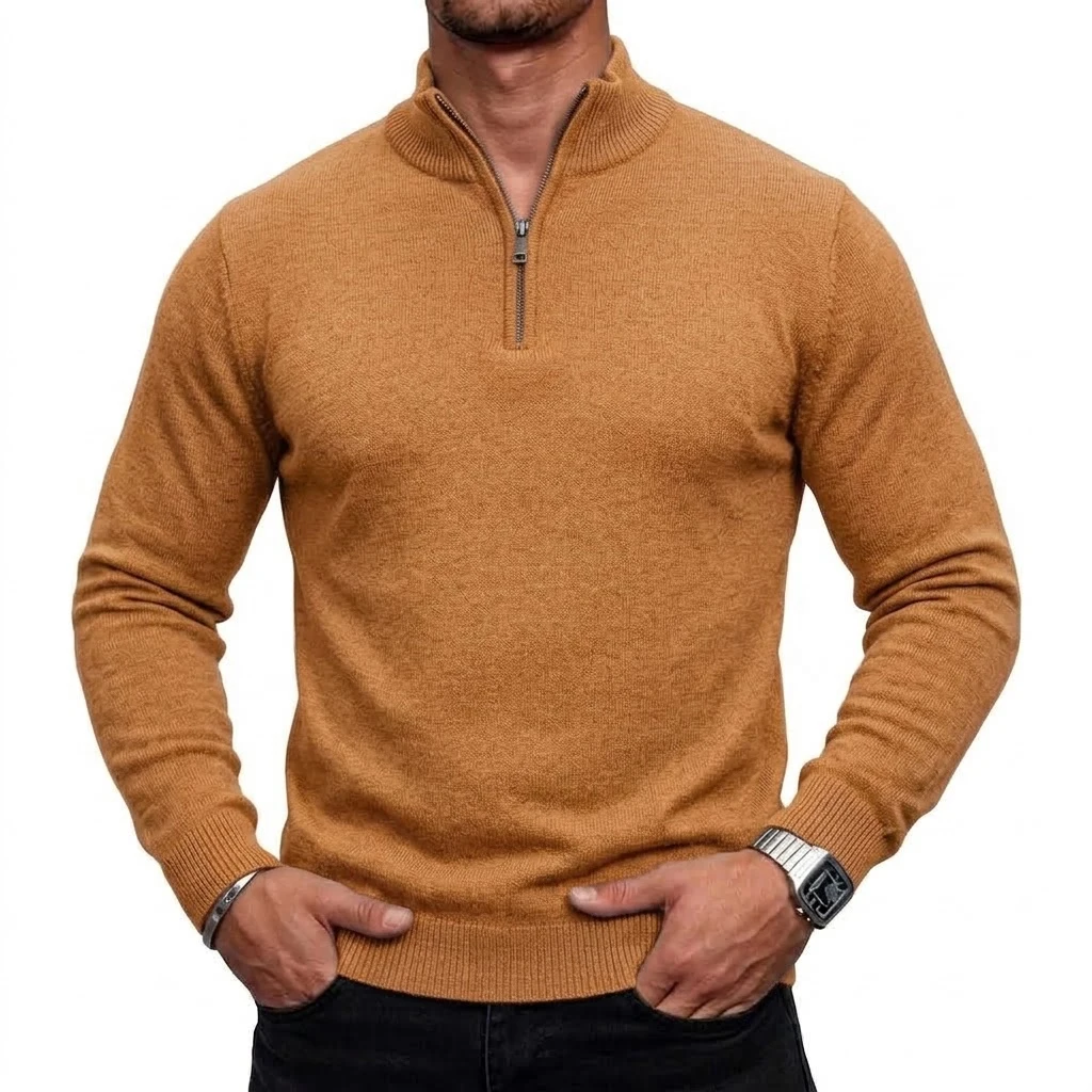 Neuer Herren-Pullover mit Reißverschluss, Slim Fit, Stehkragen, Lässiger Langarm-Strickpullover, Warmes Oberteil für den Winter, Strickbekleidung – Detail 14