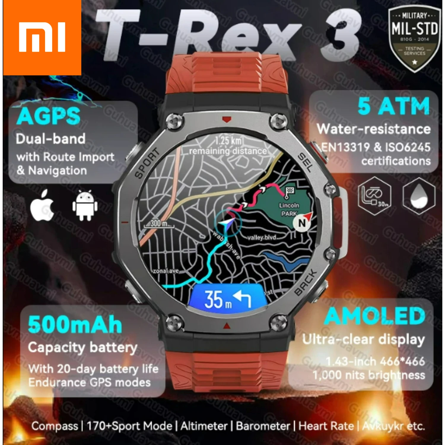 

Xiaomi оригинальные T-Rex 3 2025 военные GPS умные часы со встроенным компасом и высотомером 10 АТМ водонепроницаемые спортивные умные часы для мужчин и женщин