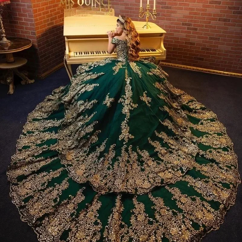 Mexican Green Quinceanera Dresses Ball Gown Gold Lace Applique Beading Tiered Corset  16 Dress Vestidos De 15 Anos Customizd