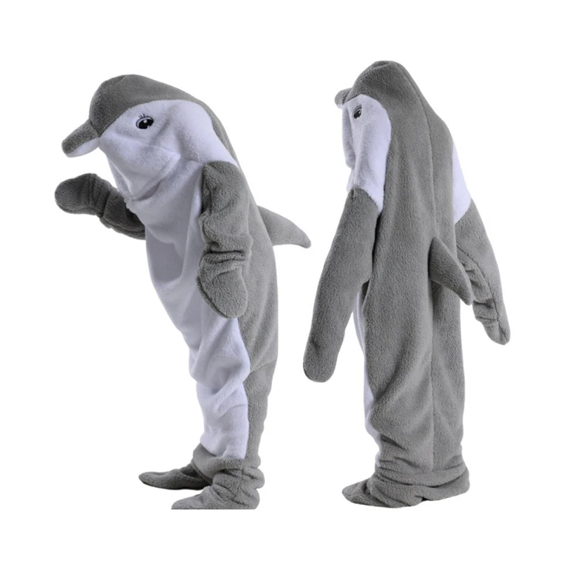 New Sharks Onesies Sleeping Bag Women Men Dolphin Jumpsuit Winter Warm Hooded Sleepwear Wearable Animal Blanket For Couples Love