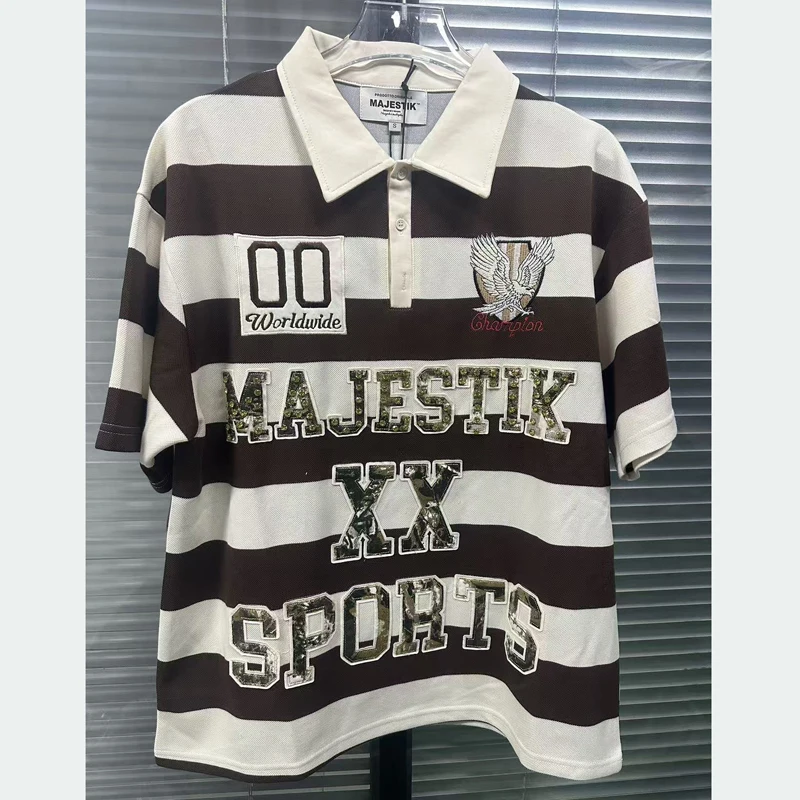 Men Women Casual Striped Collar Rivet Decoration Majestik T-shirt High-quality Short Sleeved Tops Stock