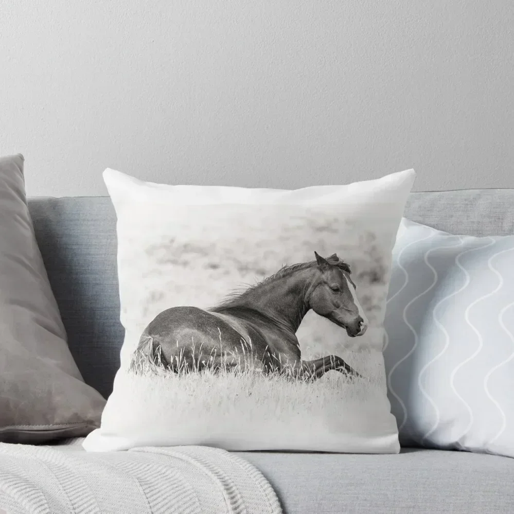 Equine Elegance - Black and White Photo of a Horse Relaxing in a Field Throw Pillow Cushions For Children Couch Cushions pillow