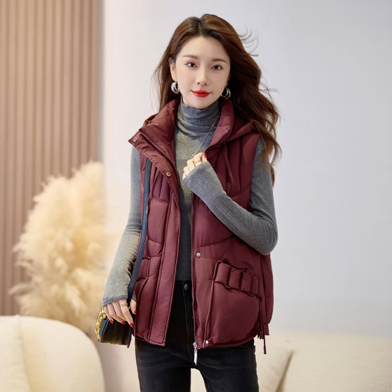 جديد خريف وشتاء 2025 صدرية نسائية فضفاضة مبطنة بجيب حبل مع قلنسوة وياقة ثابتة وسترات قصيرة من القطن #2