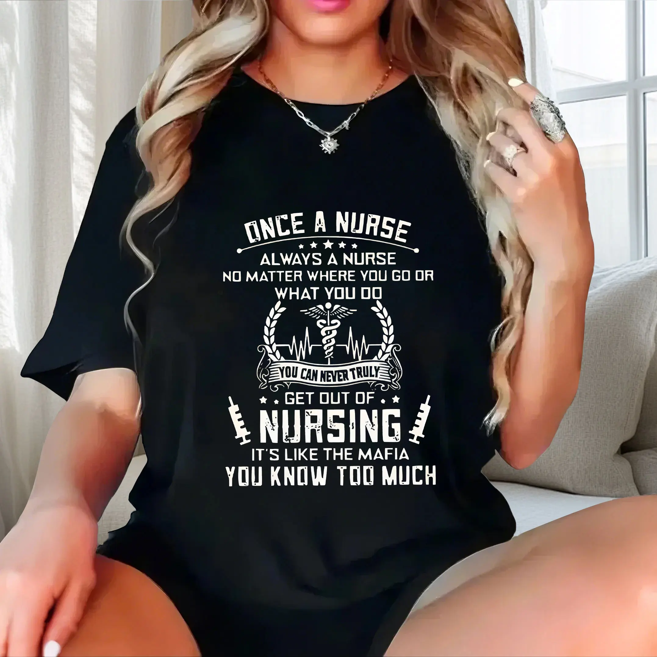 

Simple and versatile, loose and popular on campus plus size Ladies' casual short sleeved T-shirt black