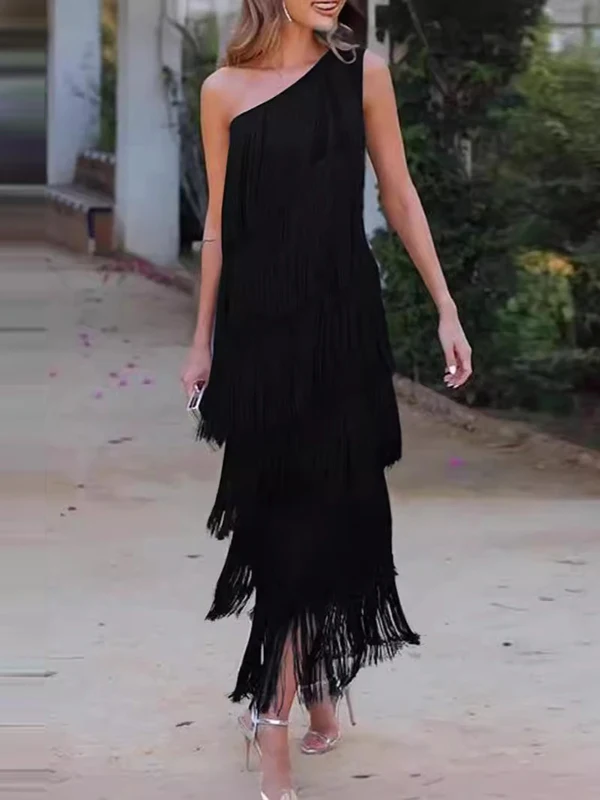 

Faionable Long Loose oulder Bridesmaid Dr Women's High Waist Zipper Sle Korean Version Asymmetrical Fringe Dr