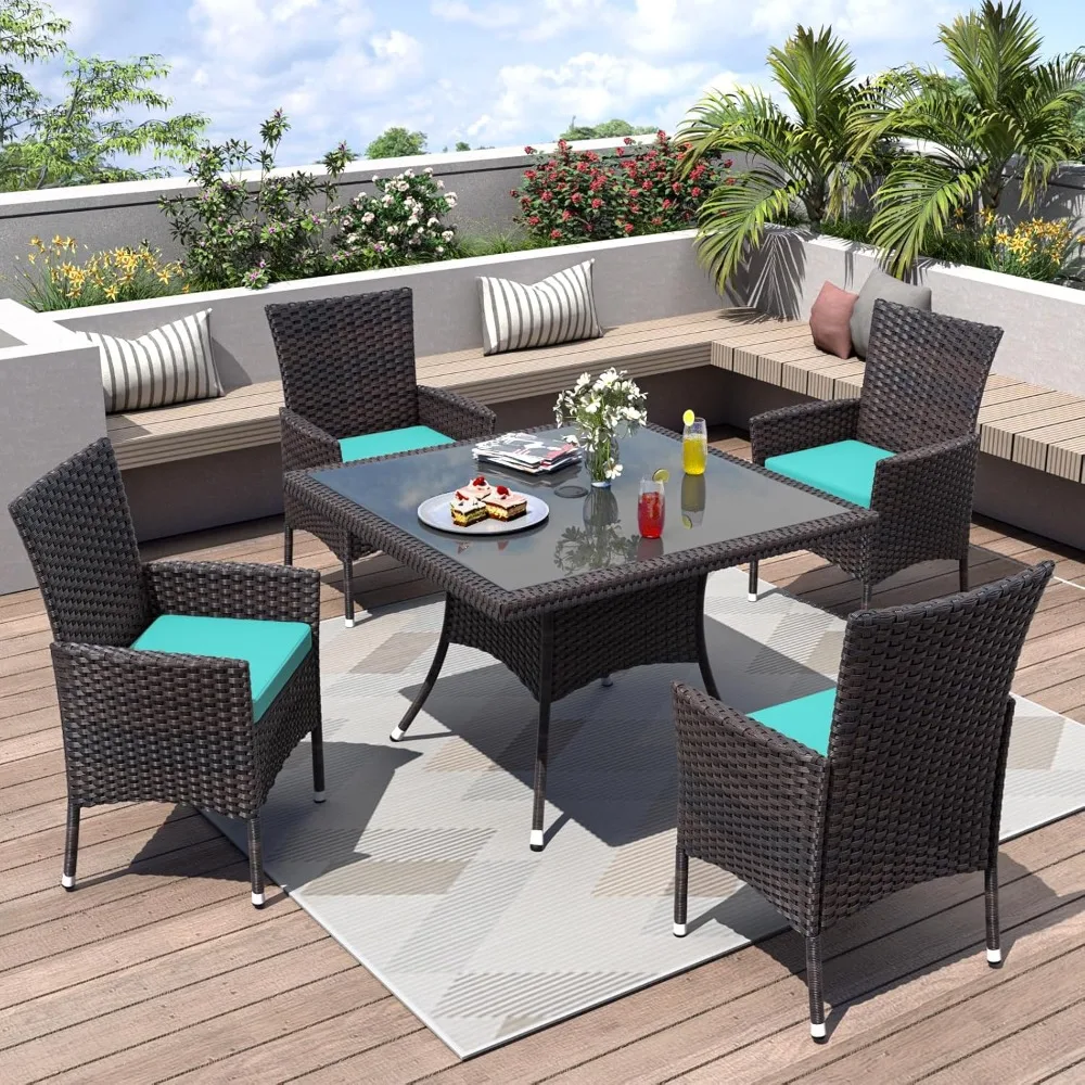 

5-piece terrace dining set, all-weather willow outdoor terrace furniture set, with tempered glass tabletop