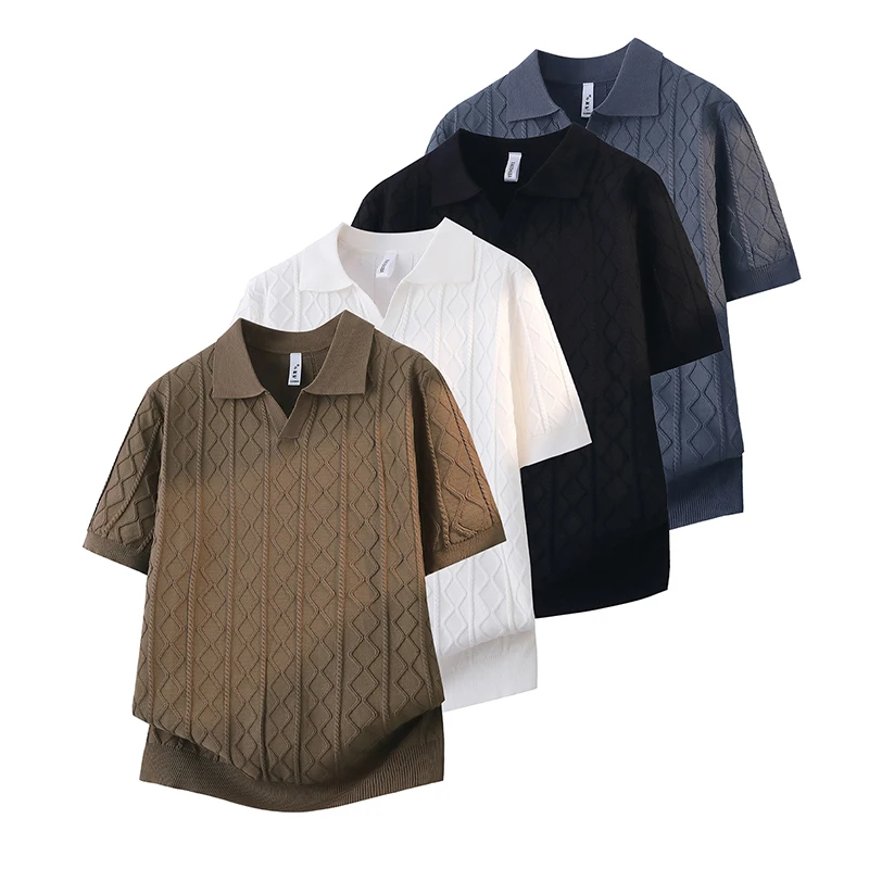 Summer Fashion Solid-Color Jacquard Short-Sleeve T-Shirts Fashionable Casual Knit Top Business Polo Shirts Men's Pullover Blouse