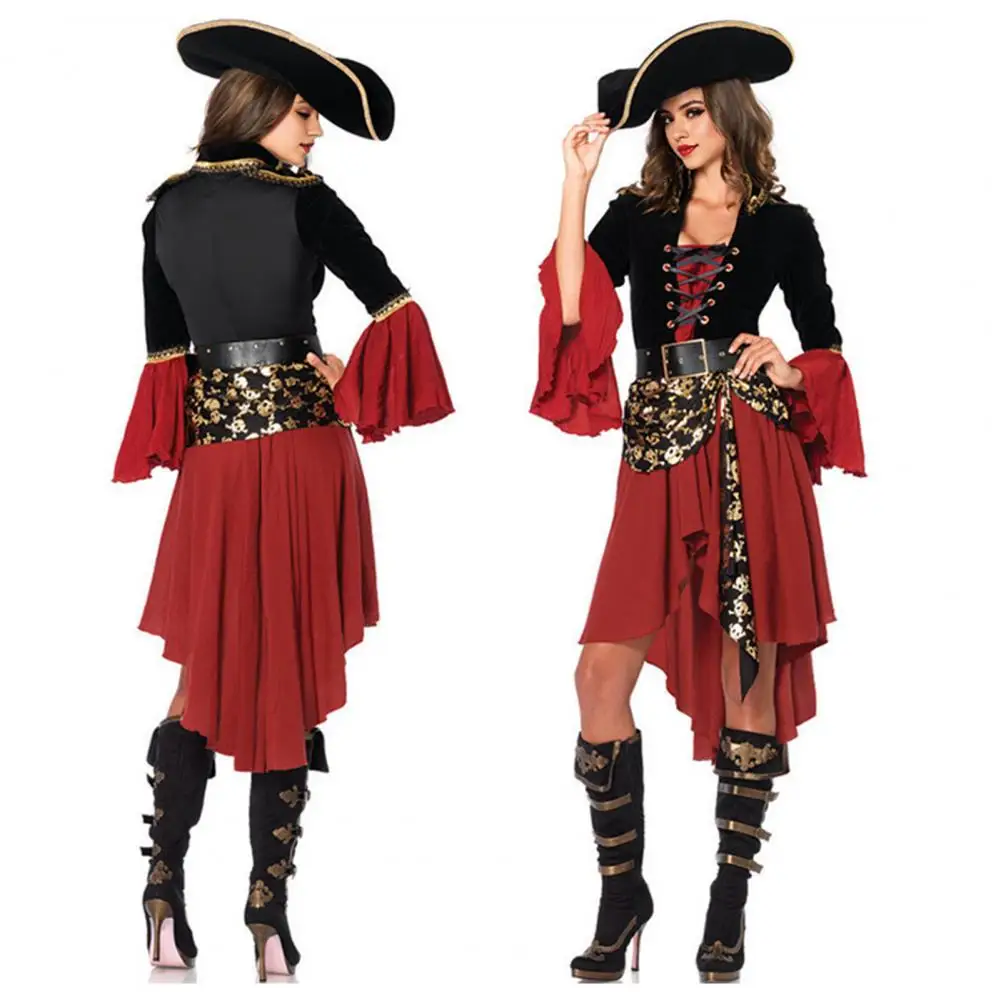 

Lace-up Strap Dress Pirate Queen Halloween Cosplay Dress with Bell Sleeves Lace-up Strap Belt Stage Performance for Dance