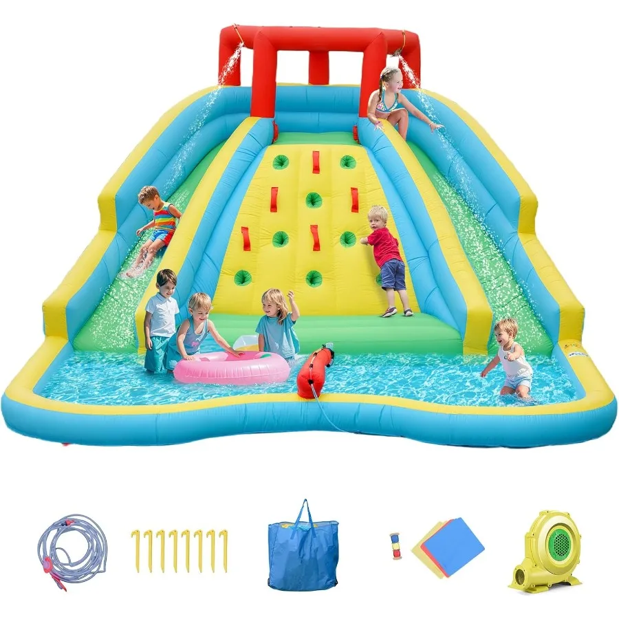 Dmuchana zjeżdżalnia wodna, park wodny 5 w 1 z 2 zjeżdżalniami, ścianą do wspinaczki, dużym basenem i pistoletami na wodę, do skakania na zewnątrz