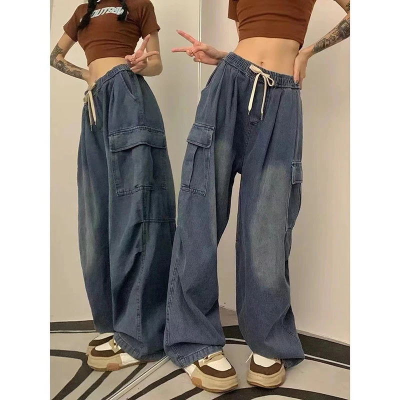 Fairy Grunge Alt Clothes Vintage Streetwear Korean Y2K Baggy Cargo Jeans High Waist Straight Wide Leg Pants Denim Trousers